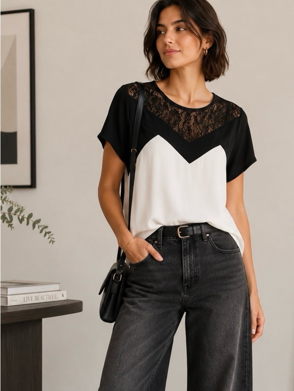 Ann Taylor Lace Detail Colorblock Blouse – Medium – Like New